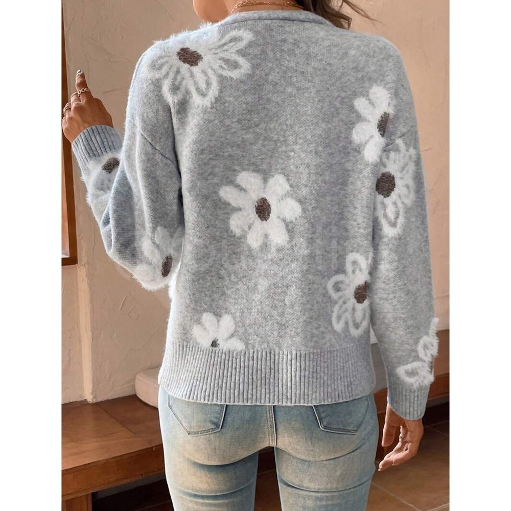 Grey Cardigan Knit Flower Textured Button Front - Picture 2 of 9